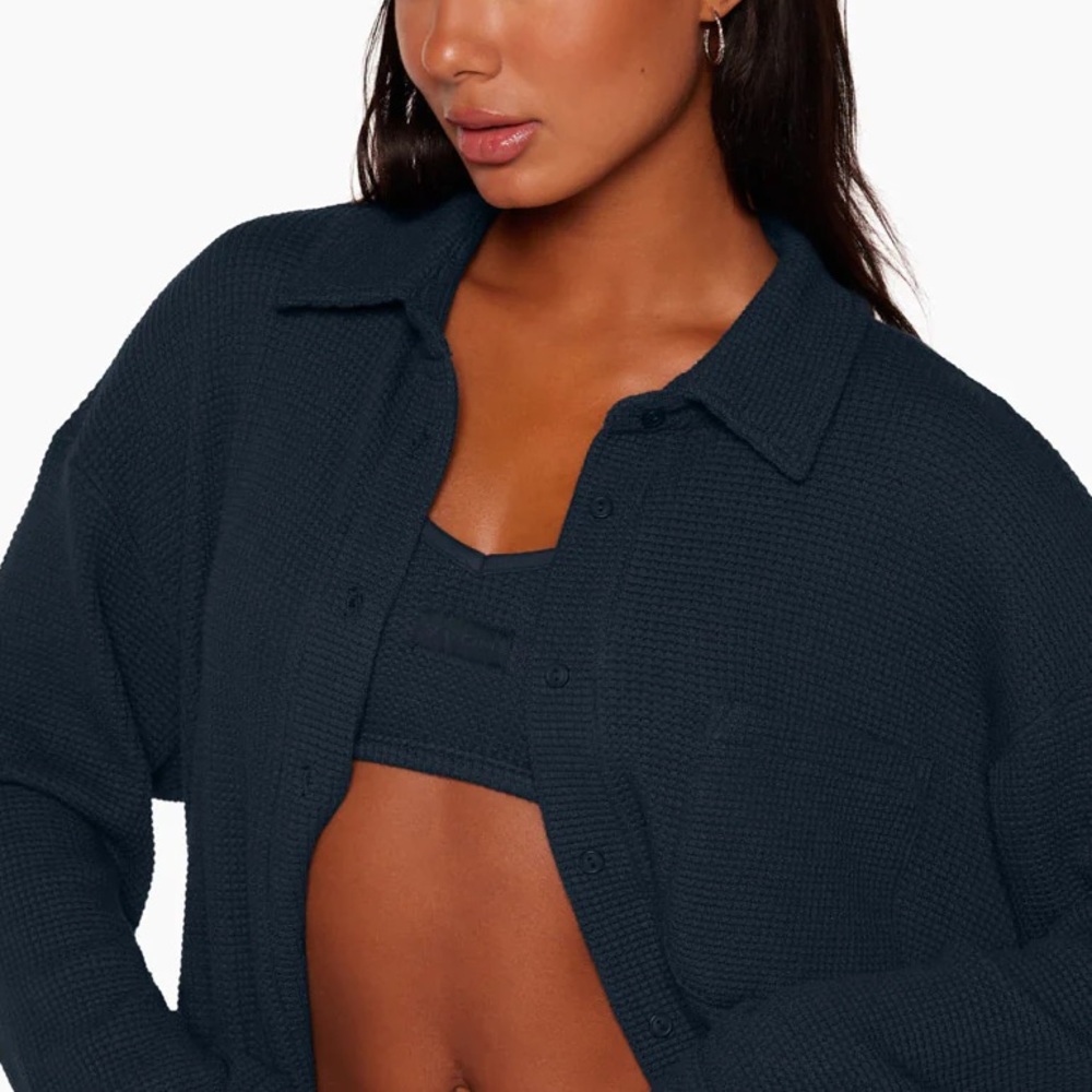 SET ACTIVE 3 piece Button Down Shirt, Dip Bra & Lounge Waffle Pant OXFORD - Picture 5 of 12
